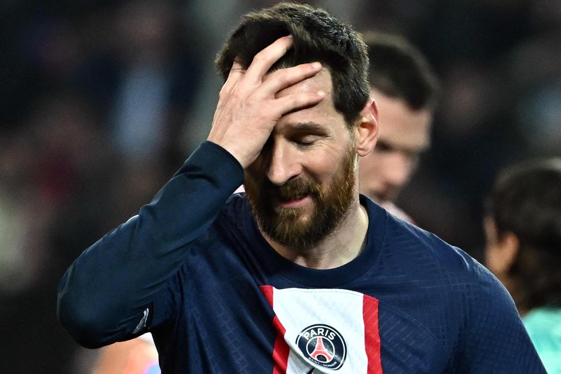PSG’s Argentine forward Lionel Messi reacts after missing a goal opportunity during their UEFA Champions League match against Bayern Munich at the Parc des Princes in Paris, on Feb. 14, 2023. (AFP)