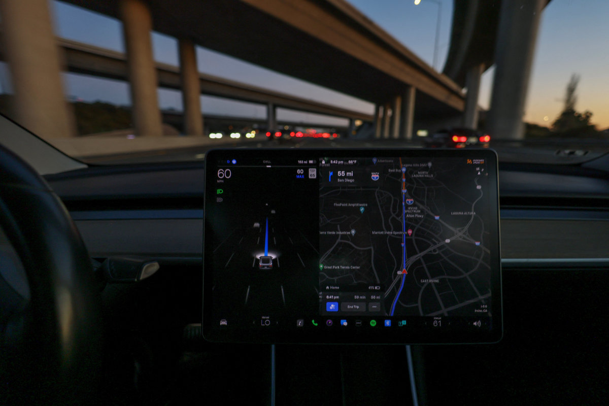 A Tesla Model 3 vehicle is shown driving using Full Self Driving (FSD) beta software on a California highway near Irvine, California, on February 7, 2023. (Reuters)