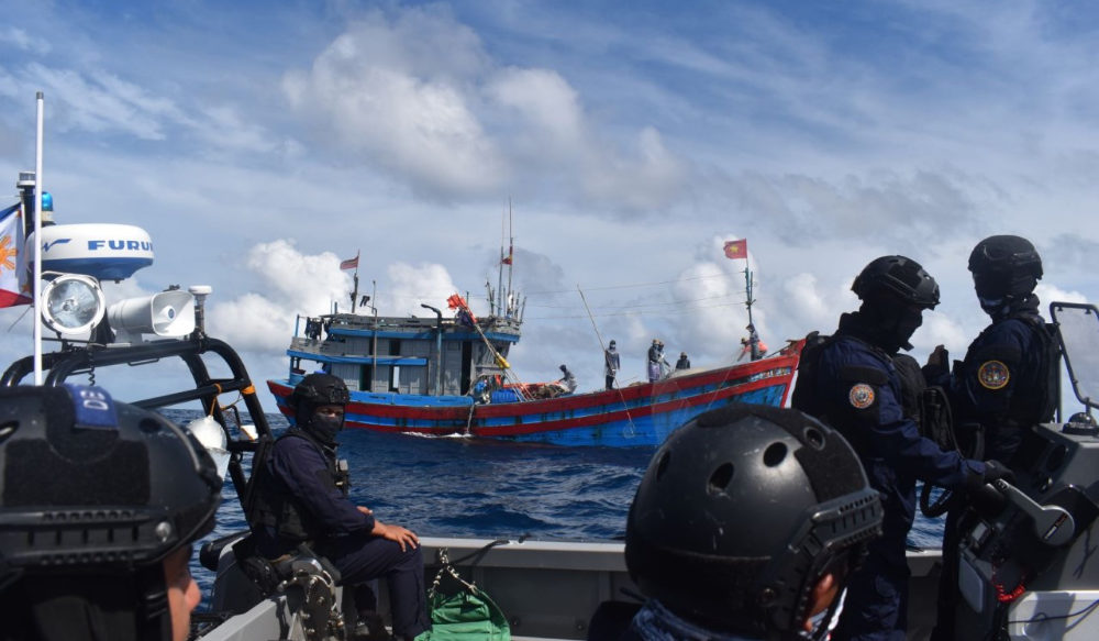 Philippine Coast Guard personnel patrol waters near the Spratly Islands in the South China Sea on Feb. 9, 2023. (Philippine Coast Guard)