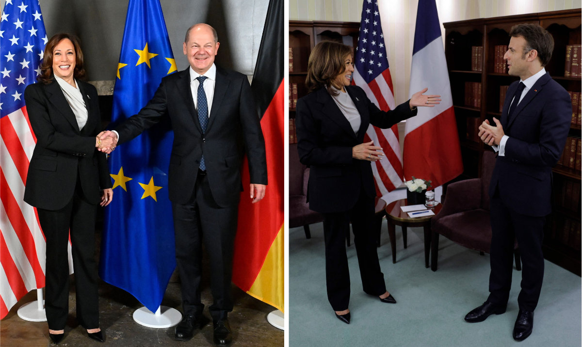US Vice President Kamala Harris meets with German Chancellor Olaf Scholz (L) and French President Emmanuel Macron ahead of a meeting at the Munich Security Conference in Germany on February 17, 2023. (AFP)