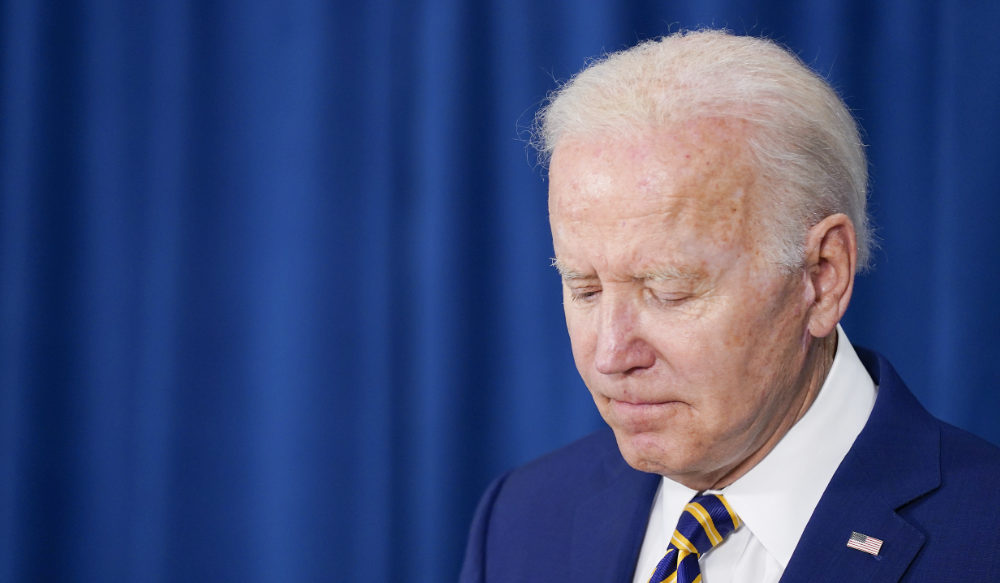 President Joe Biden pauses as he answers a reporter's question about Ukraine after speaking about the May jobs report, June 3, 2022, in Rehoboth Beach, Del. (AP)