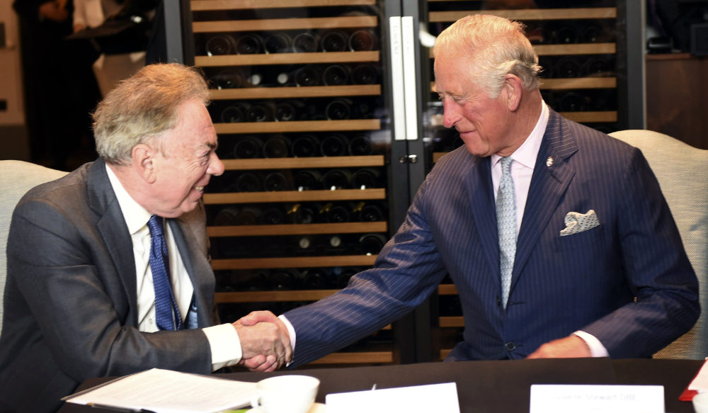 Britain's Prince Charles meets Andrew Lloyd Webber during a visit to the Royal Albert Hall to discuss the arts and creativity in school, in London, Wednesday, Sept. 5, 2018. (AP)
