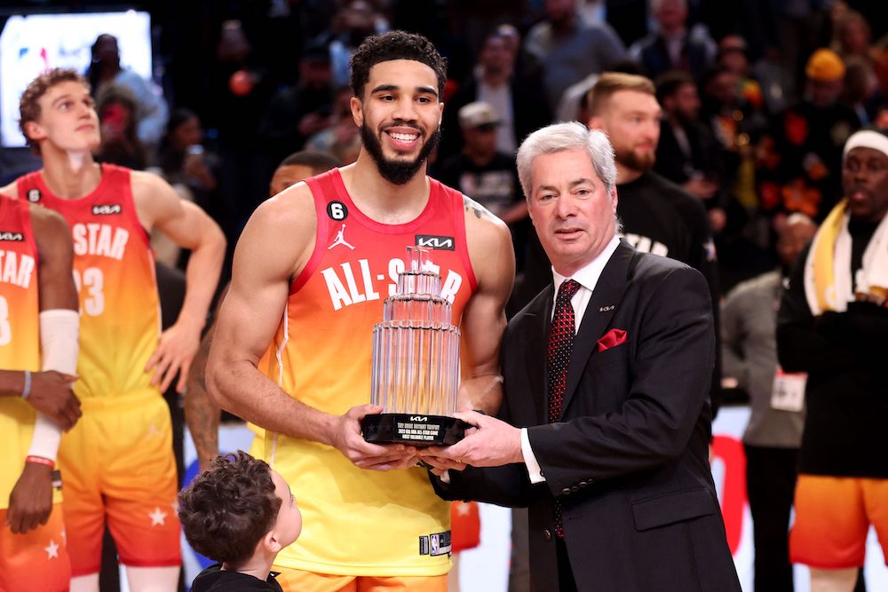 ayson Tatum of the Boston Celtics receives the Kobe Bryant MVP Trophy after the 2023 NBA All Star Game between Team Giannis and Team LeBron at Vivint Arena on Sunday in Salt Lake City, Utah. (AFP)