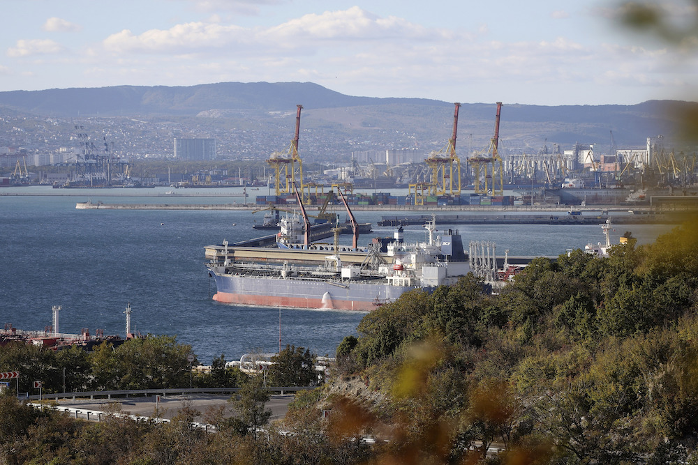 Above, an oil tanker moored at the Sheskharis complex in Novorossiysk, Russia. New sanctions this week aim to crack down on Russia’s efforts to evade sanctions and export controls aimed at forcing Moscow to end its war in Ukraine. (AP)