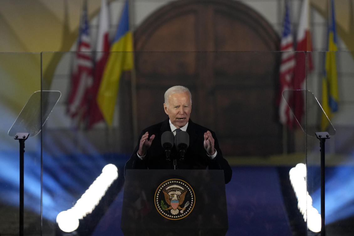 President Joe Biden holds a speech at the Royal Castle after meeting with Polish President Andrzej Duda in Warsaw, Ukraine, on Feb. 21, 2023. (AP )