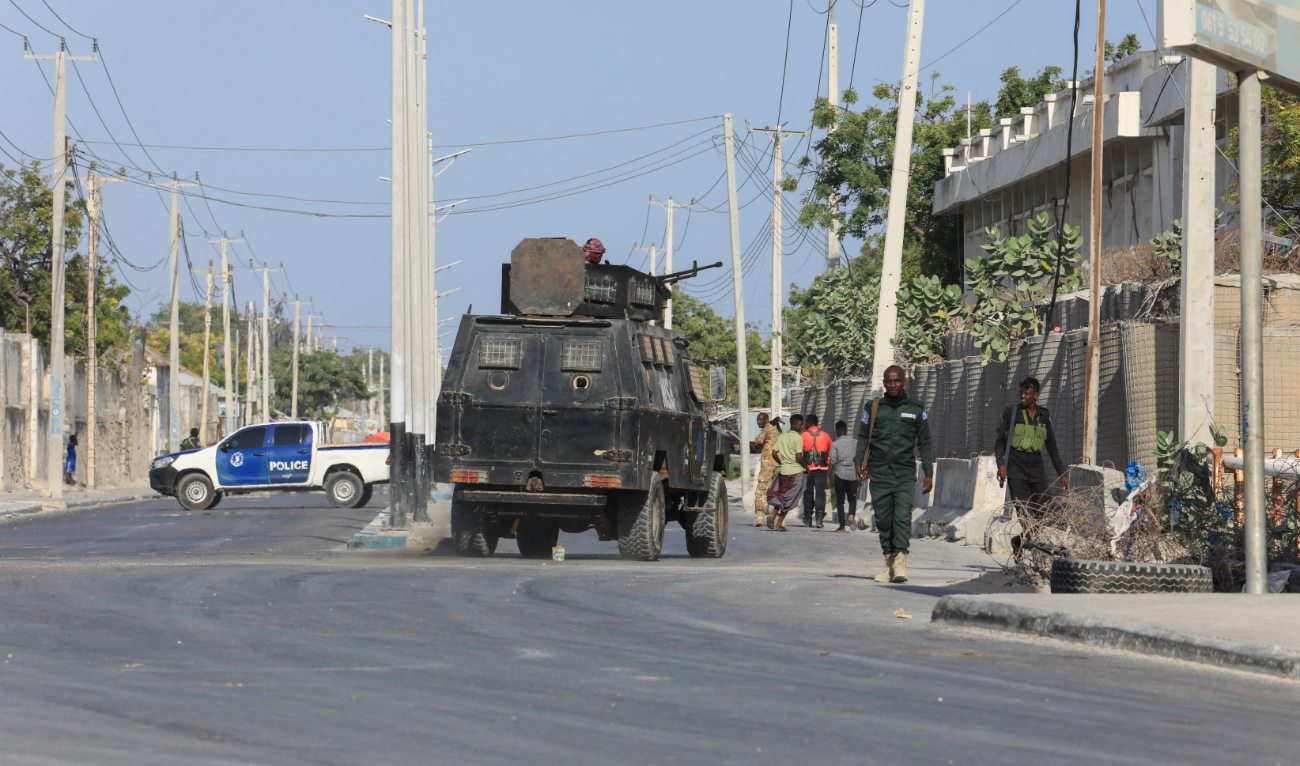 Security forces patrol outside a building which was attacked by Al-Shabaab militants in the Somali capital Mogadishu, on February 21, 2023. (AFP)