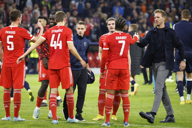 Bayern Munich coach Julian Nagelsmann celebrates with Serge Gnabry and teammates after their Champions League match against Viktoria Plzen at the Allianz Arena, Munich in October 2023. (Reuters/File)