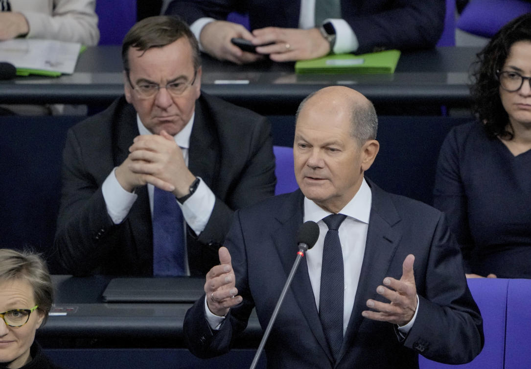 German Chancellor Olaf Scholz speaks to the lawmakers in the German parliament Bundestag in Berlin, on Jan. 25, 2023. (AP/File)