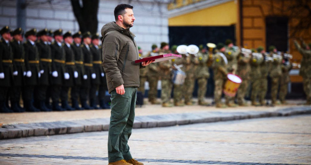 “I am proud of you. We all, each and every one, are proud of you!,” Volodymyr Zelensky said at a ceremony at St Sophia Square in Kyiv, on the first anniversary of the Russian invasion. (AFP)