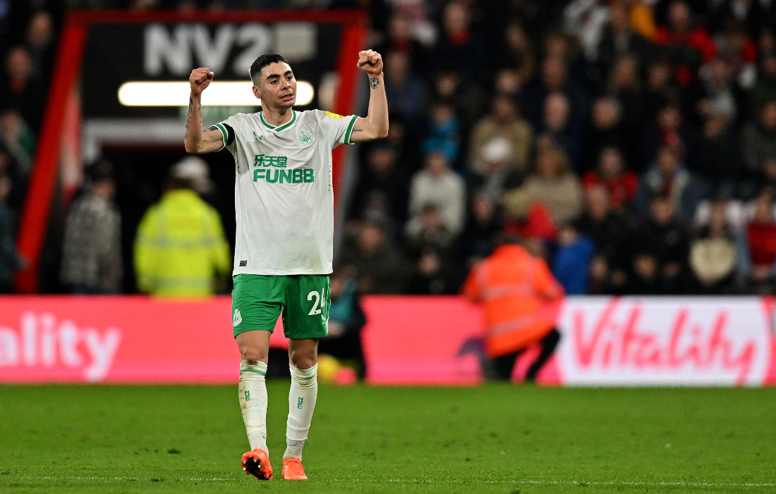 Newcastle United's Paraguayan midfielder Miguel Almiron celebrates after scoring the equalising goal during the English Premier League football match between Bournemouth and Newcastle United. (FILE/AFP)