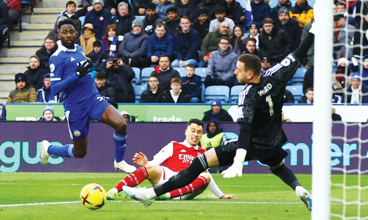 Arsenal’s Gabriel Martinelli scores his team’s first goal during their match against Leicester City at King Power Stadium in Leicester. The Gunners snapped a four-game winless streak on Saturday. (Reuters)