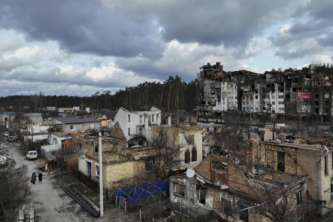 Vladimir Putin had cast the Ukraine war as a confrontation with the West which threatens the survival of Russia and the Russian people. Above, ruined buildings in Irpin, Ukraine. (AP)