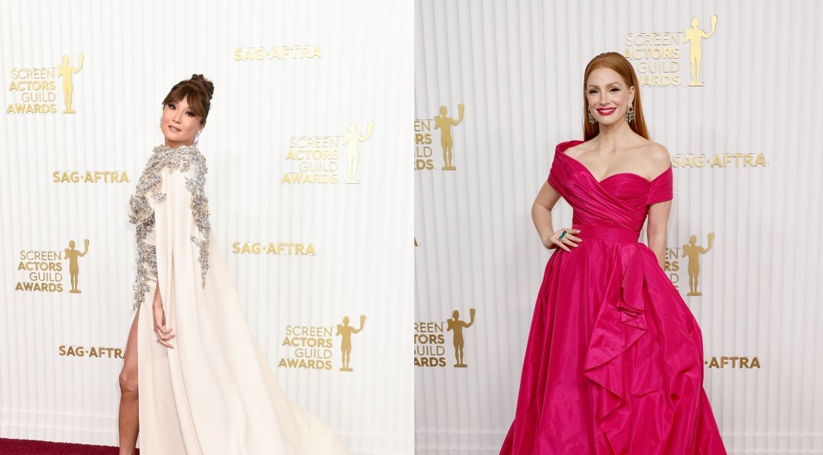 American actresses Ashley Park and Jessica Chastain hit the SAG Awards 2023 red carpet Sunday wearing Arab designers Elie Saab and Zuhair Murad, respectively. (Getty Images)