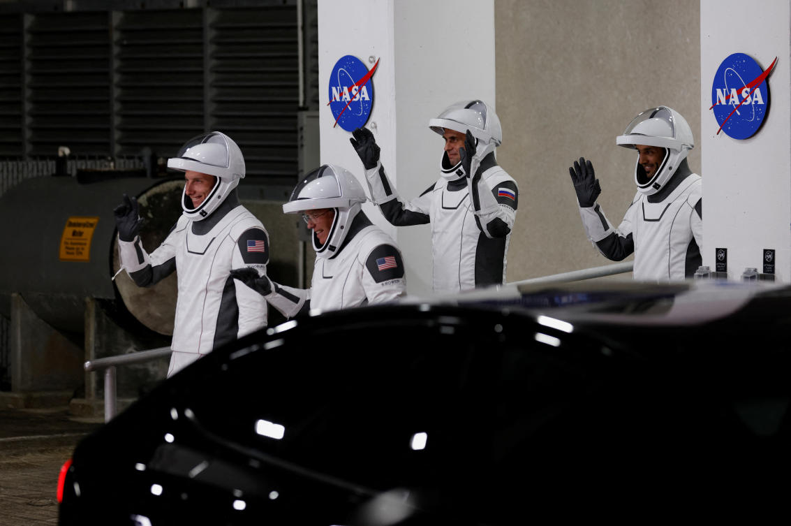 NASA astronauts Stephen Bowen and Warren Hoburg, the UAE's Sultan Al-Neyadi and Russian cosmonaut Andrey Fedyaev depart their quarters ahead of the NASA's SpaceX Crew-6 mission launch, Florida, U.S., February 26, 2023. (Reuters)