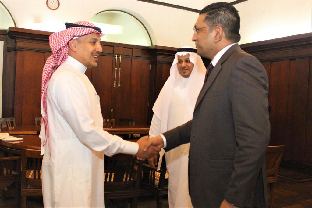 Sri Lanka’s Foreign Minister Ali Sabry, right, greets a delegation from the Saudi Fund for Development in Colombo on Feb. 27, 2023. (Sri Lankan Ministry of Foreign Affairs)