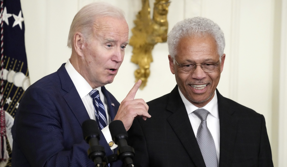 President Joe Biden speaks next to NBA Hall of Fame basketball player Nate "Tiny" Archibald at an event to celebrate Black History Month, Monday, Feb. 27, 2023, in the East Room of the White House in Washington. (AP)