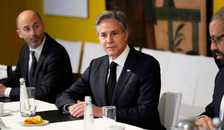 Antony Blinken sits down for a Meeting of the Transatlantic Quad with the Foreign Ministers in Munich on Feb. 18, 2023. (AFP)