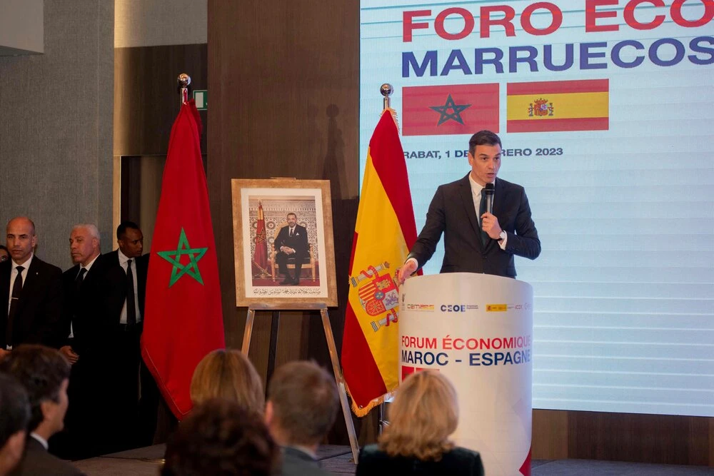 Spain's Prime Minister Pedro Sanchez speaks during the Spanish-Moroccan summit in Rabat, on February 1, 2023. (AFP)