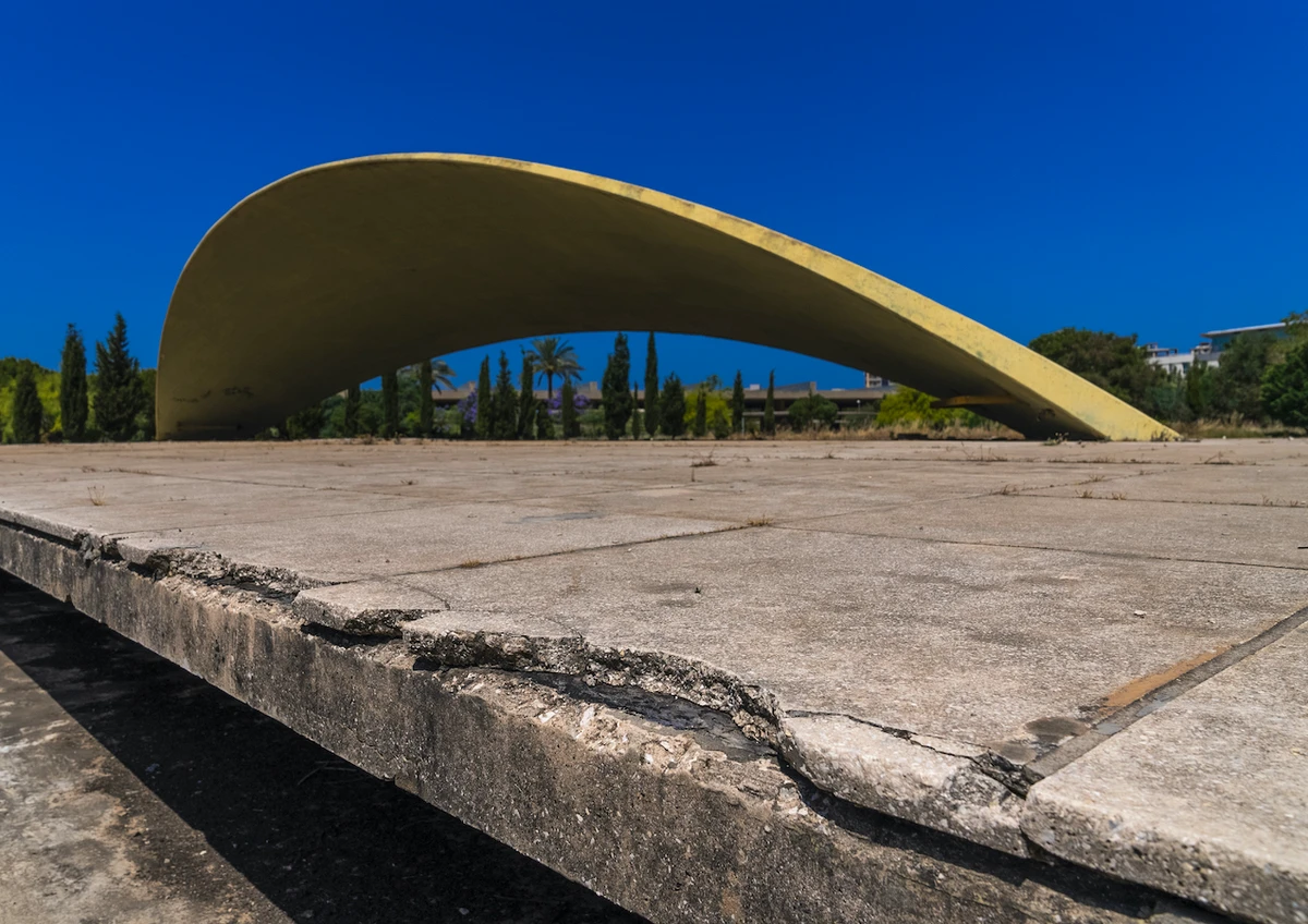 The boomerang-shaped central hall of the Rachid Karami International Fair in Tripoli, Lebanon. (Supplied)