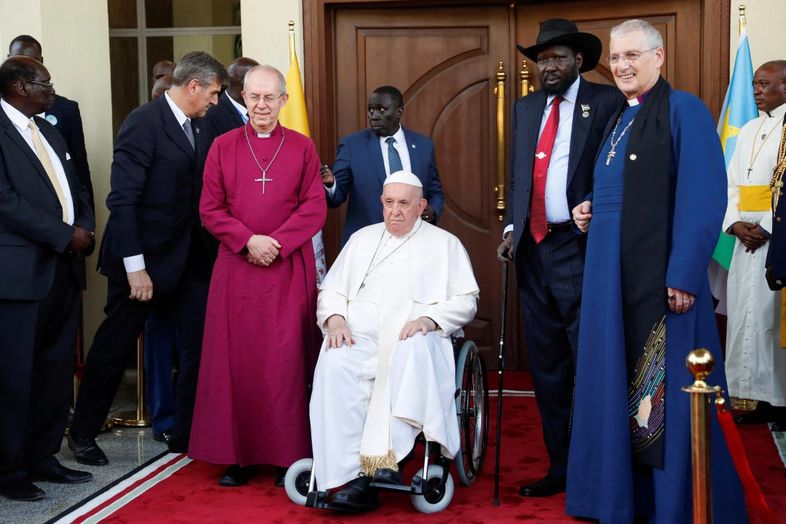 South Sudan’s President Salva Kiir Mayardit receives Pope Francis, Archbishop of Canterbury Justin Welby and Church of Scotland Moderator Iain Greenshields at the Presidential Palace in Juba on Feb. 3, 2023. (Reuters)
