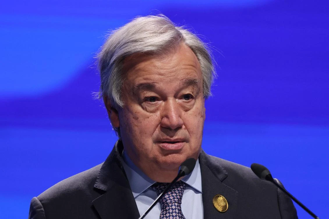 UN Secretary General Antonio Guterres delivers a speech at an event launch for the climate TRACE initiative in Egypt. (File/AFP)