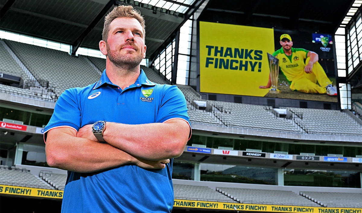 Australian cricket player Aaron Finch poses for photos after announcing his retirement from international cricket at the Melbourne Cricket Ground (MCG) in Melbourne on February 7, 2023. (AFP)
