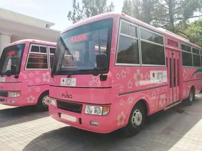 A view of the 'women-only' Pink Buses launched in Mardan on June 11, 2018. (Photo courtesy: Project Management Syed Wajid)