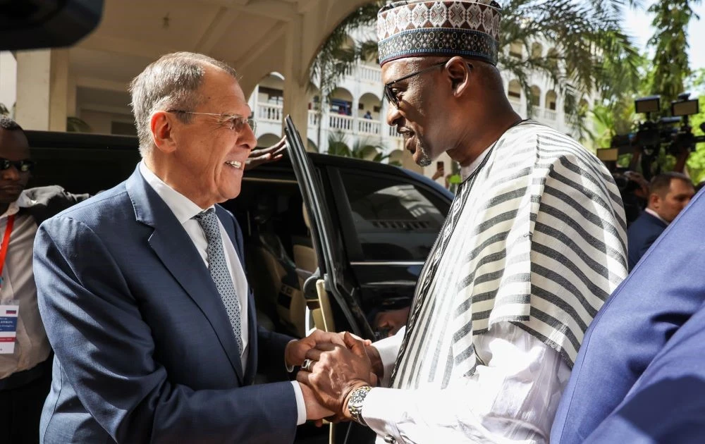 Mali’s Foreign Minister Abdoulaye Diop, right, welcomes Russia’s Foreign Minister Sergey Lavrov during their meeting in Bamako, Mali, Tuesday, Feb. 7, 2023. (AP Photo)