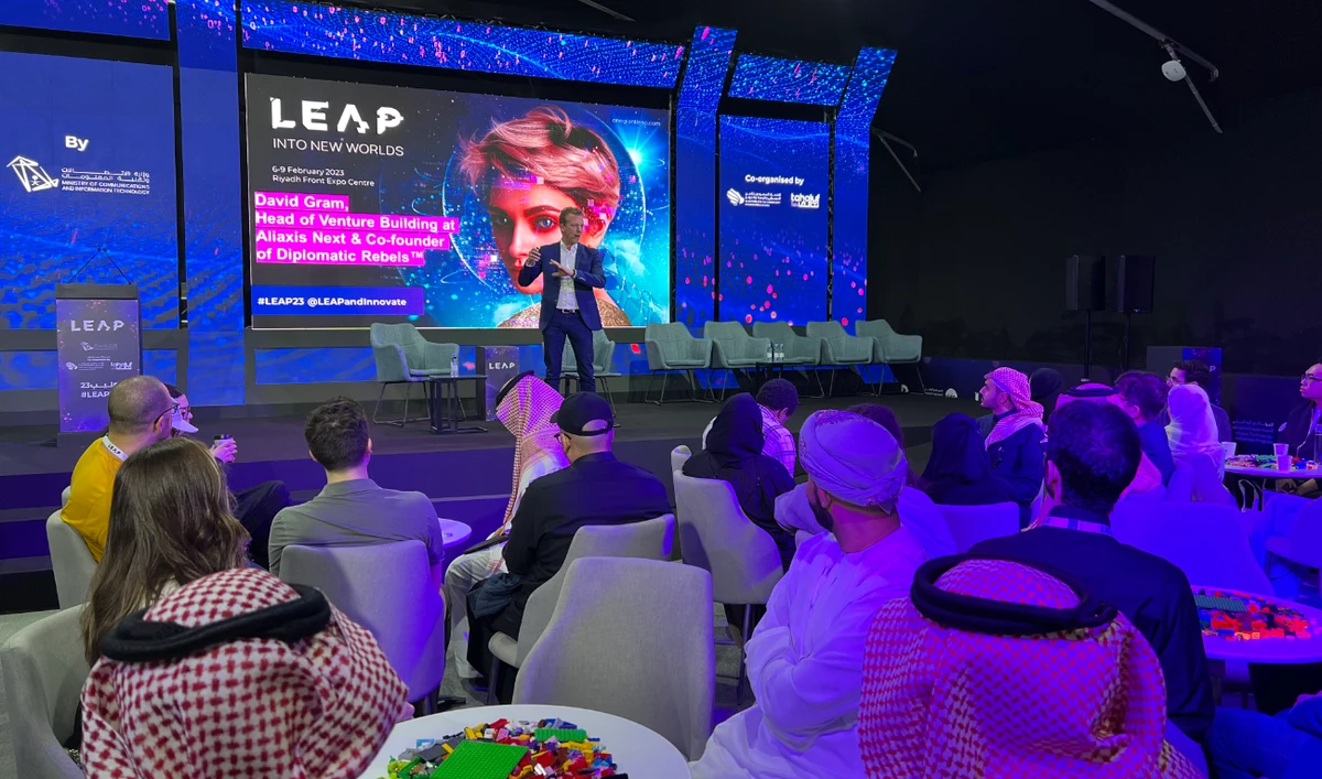 David Gram-Hanssen, co-founder of Diplomatic Rebels, delivers an interactive workshop on the second day of LEAP 2023 conference being held in Riyadh. (AN photo by Lama Alhamawi)