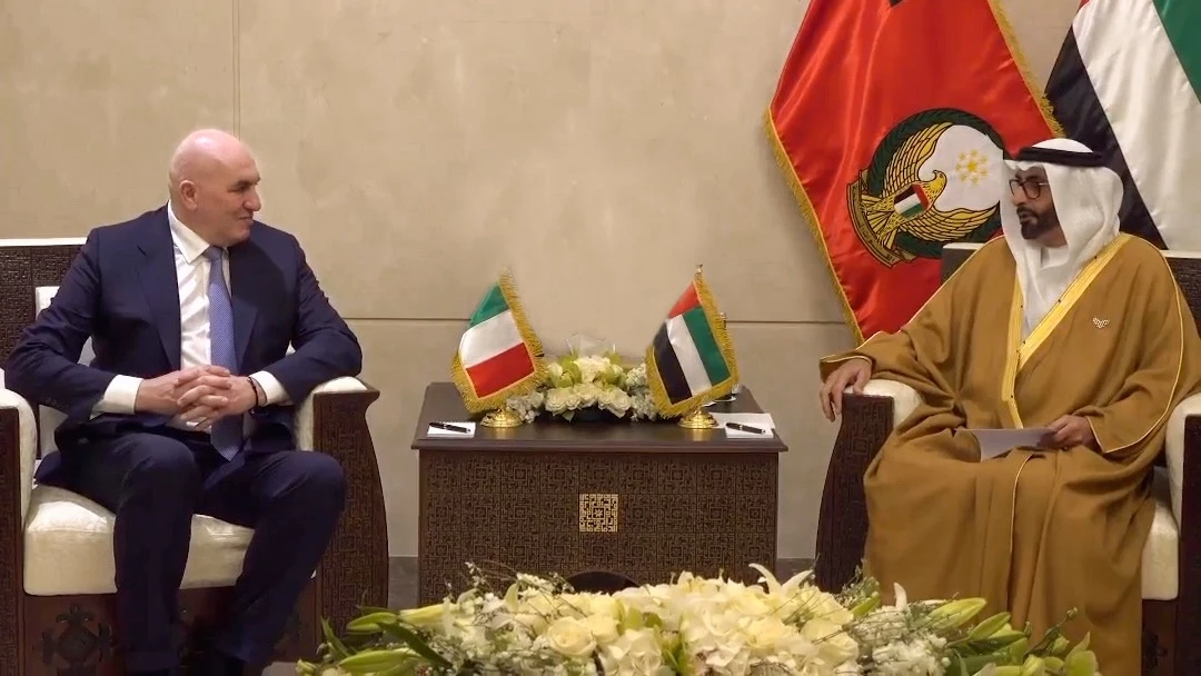 Italian Defense Minister Guido Crosetto meets with his Emirati counterpart Mohammed Ahmed Al-Bowardi in Abu Dhabi on Tuesday. (Italy’s Ministry of Defense)