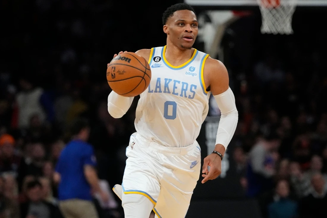 Los Angeles Lakers' Russell Westbrook during the team's NBA game against the New York Knicks on Jan. 31. The Lakers traded Westbrook to the Utah Jazz and reacquired guard D'Angelo Russell from Minnesota in a three-team, eight-player deal Wednesday night. (AP/File)