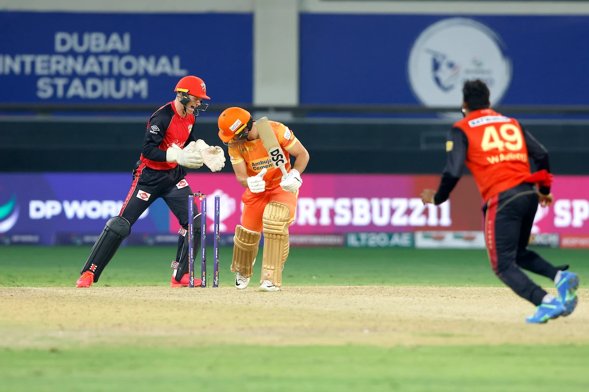 Chris Lynn of Gulf Giants gets clean bowled against the Desert Vipers. (Supplied)