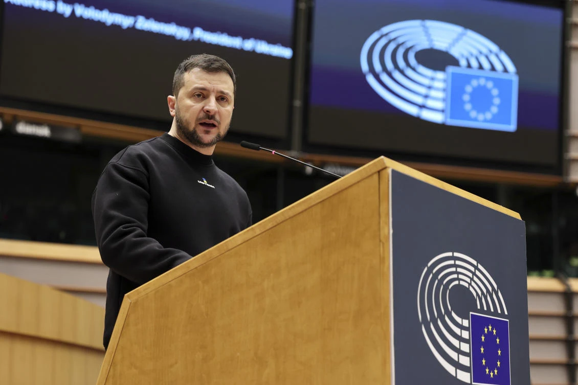 Ukraine’s President Volodymyr Zelensky speaks during an EU summit at the European Parliament in Brussels, Belgium, Thursday, Feb. 9, 2023. (AP)