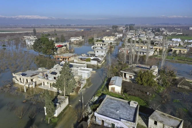 An aerial view of the Al-Tlul village flooded after a devastating earthquake destroyed a river dam in the town of Salqeen near the Turkish border, Idlib province on Feb. 9, 2023. (AP)