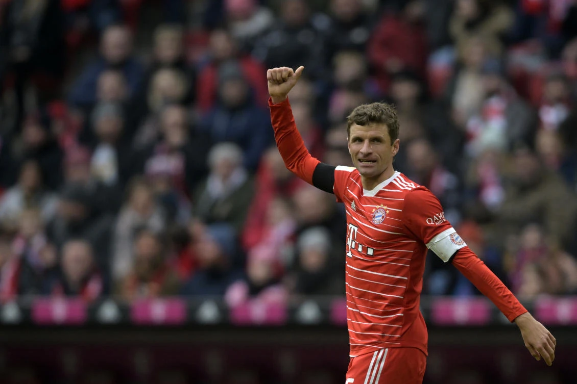 Bayern’s Thomas Mueller reacts during their Bundesliga match against VfL Bochum 1848 at the Allianz Arena in Munich, on Feb.11, 2023. (AP)