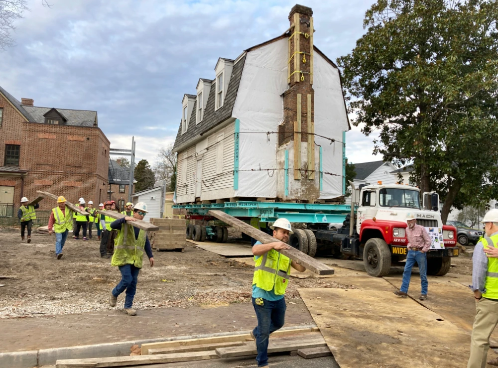 Workers prepare to move the original structure that held what is believed to be the oldest schoolhouse in the U.S. for Black children in Williamsburg, Virginia, on Friday, Feb. 10, 2023. (AP)
