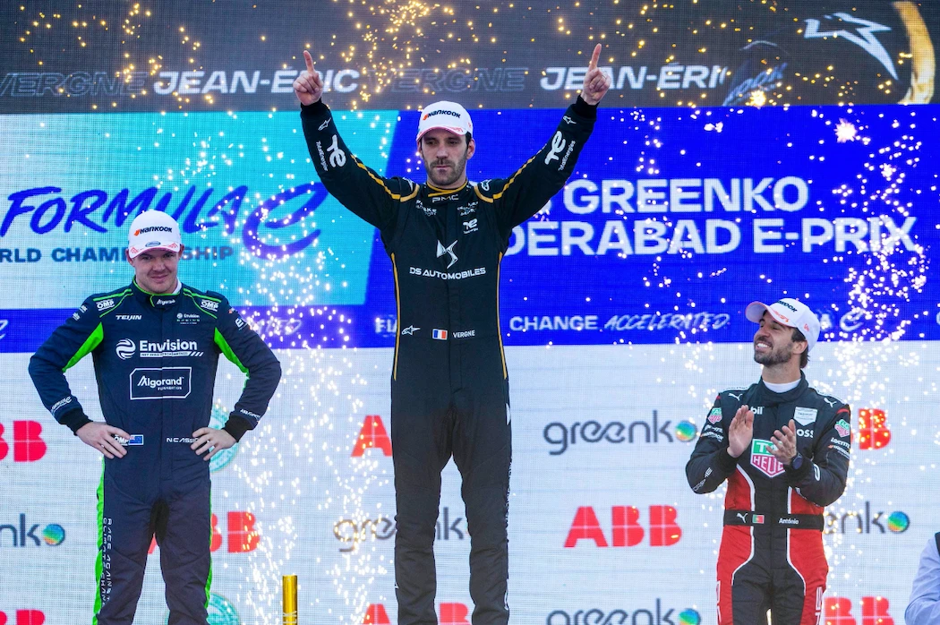 Jean-Eric Vergne of DS Penske celebrates winning the first-ever Formula E race in India. (Formula E)