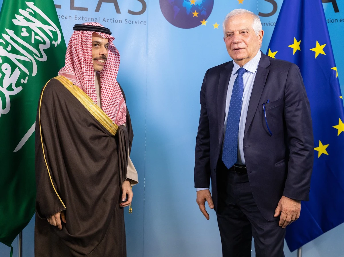 Saudi Foreign Minister Prince Faisal bin Farhan meets Josep Borrell, EU foreign policy chief, in Brussels on Monday. (SPA)