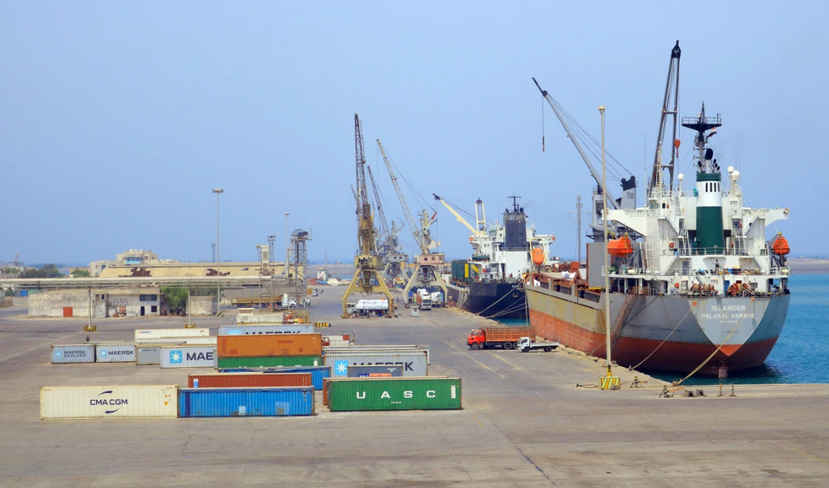 A picture taken on May 28, 2022, shows loading docks at the Houthi-controlled western port of Hodeidah. (AFP/File)