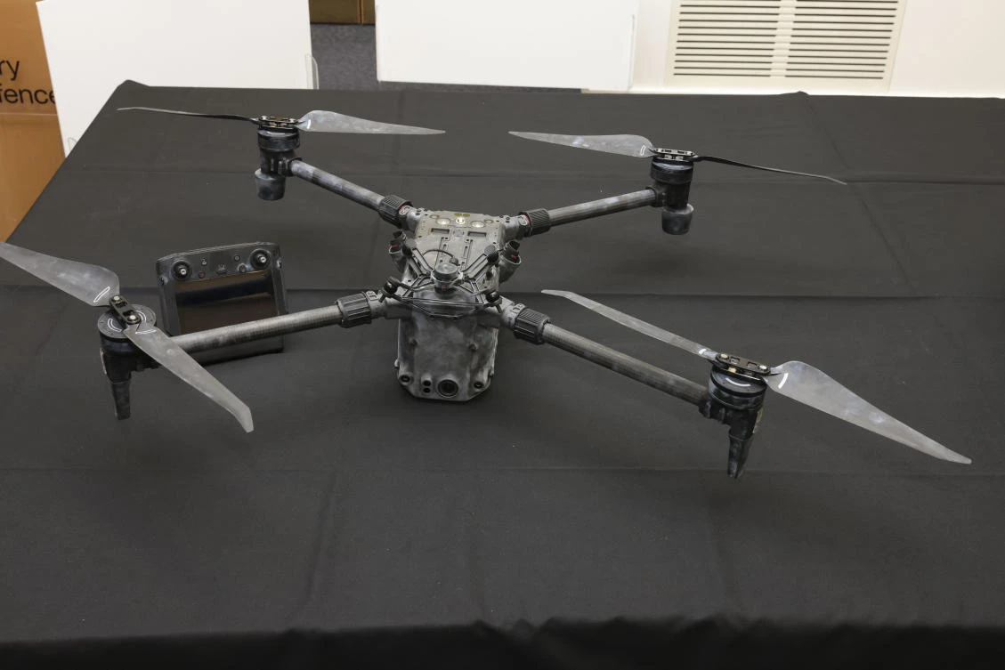 In this photo provided by the UK’s Ministry of Defense, a drone from a collection of seized Iranian weapons is on display. (AP)