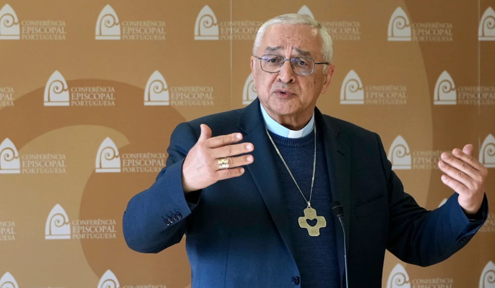 The head of the Portuguese Bishops Conference, Bishop Jose Ornelas, gestures during a news conference to comment on the report released hours earlier by the Independent Committee for the Study of Child Abuse in the Catholic Church, set up by Portuguese bishops, in Lisbon, Monday, Feb. 13, 2023. (AP)