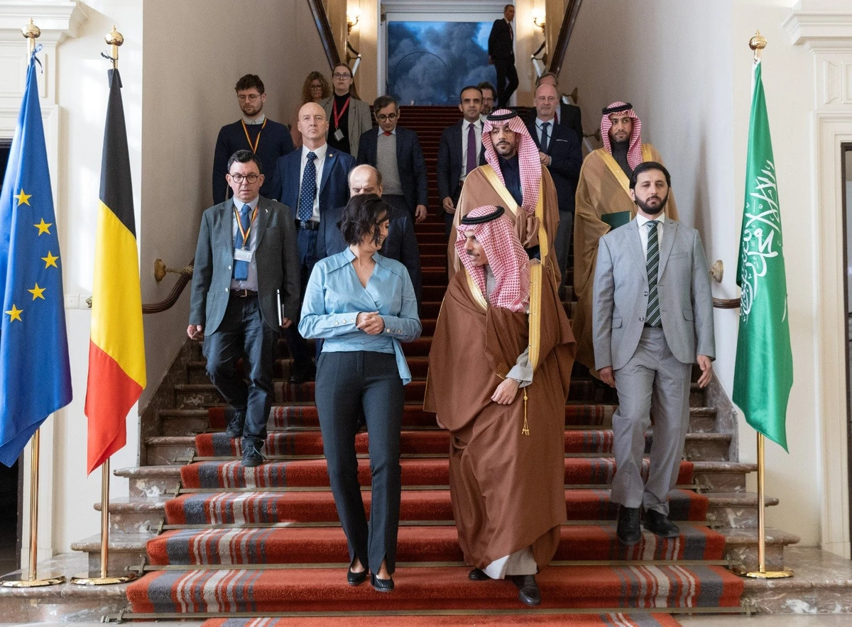 Saudi Arabia’s Foreign Minister Prince Faisal bin Farhan is received by the President of the Belgian Senate Stephanie D’Hose in Brussels on Wednesday. (SPA)