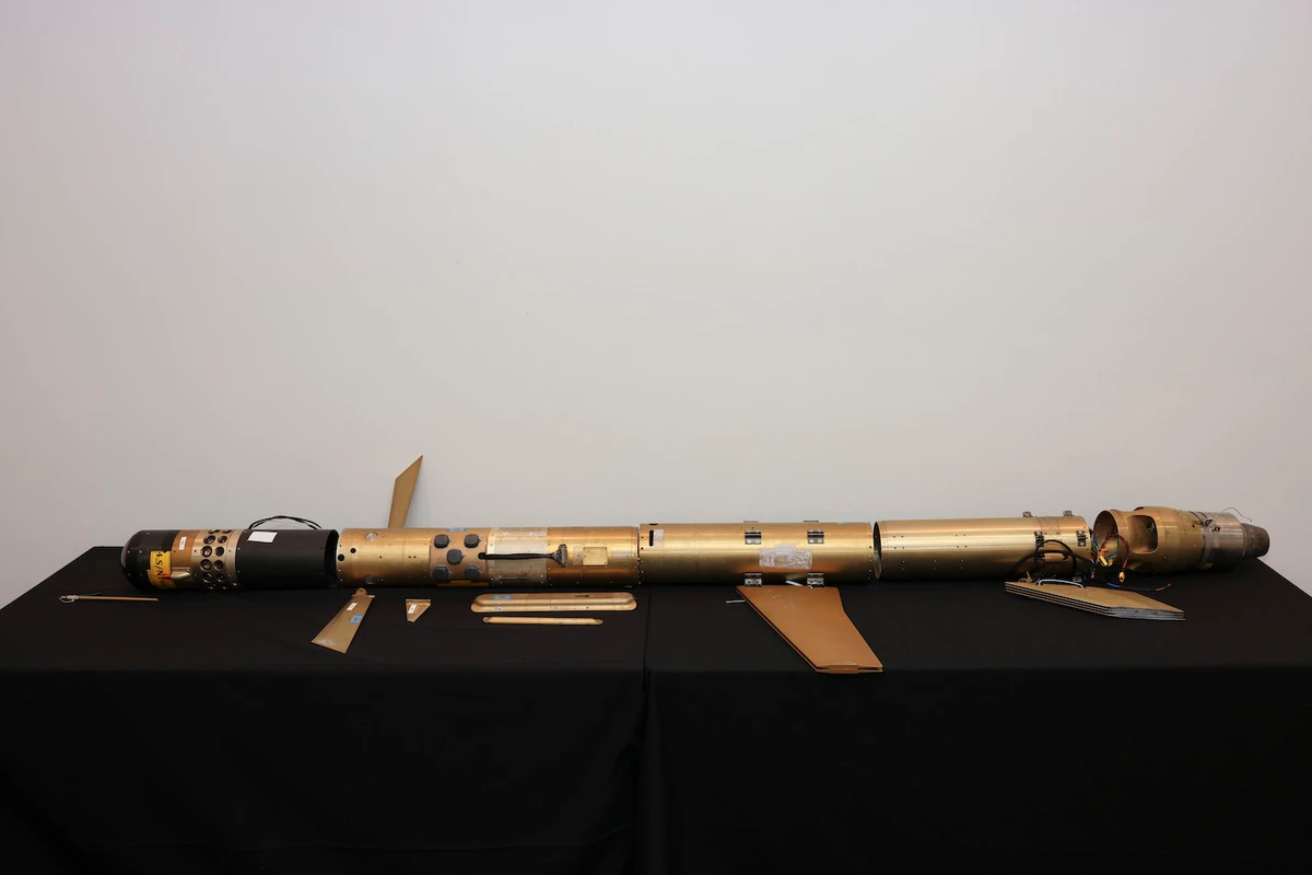 A photo provided by the UK Ministry of Defence shows a missile from a collection of seized Iranian weapons. (File/AP)