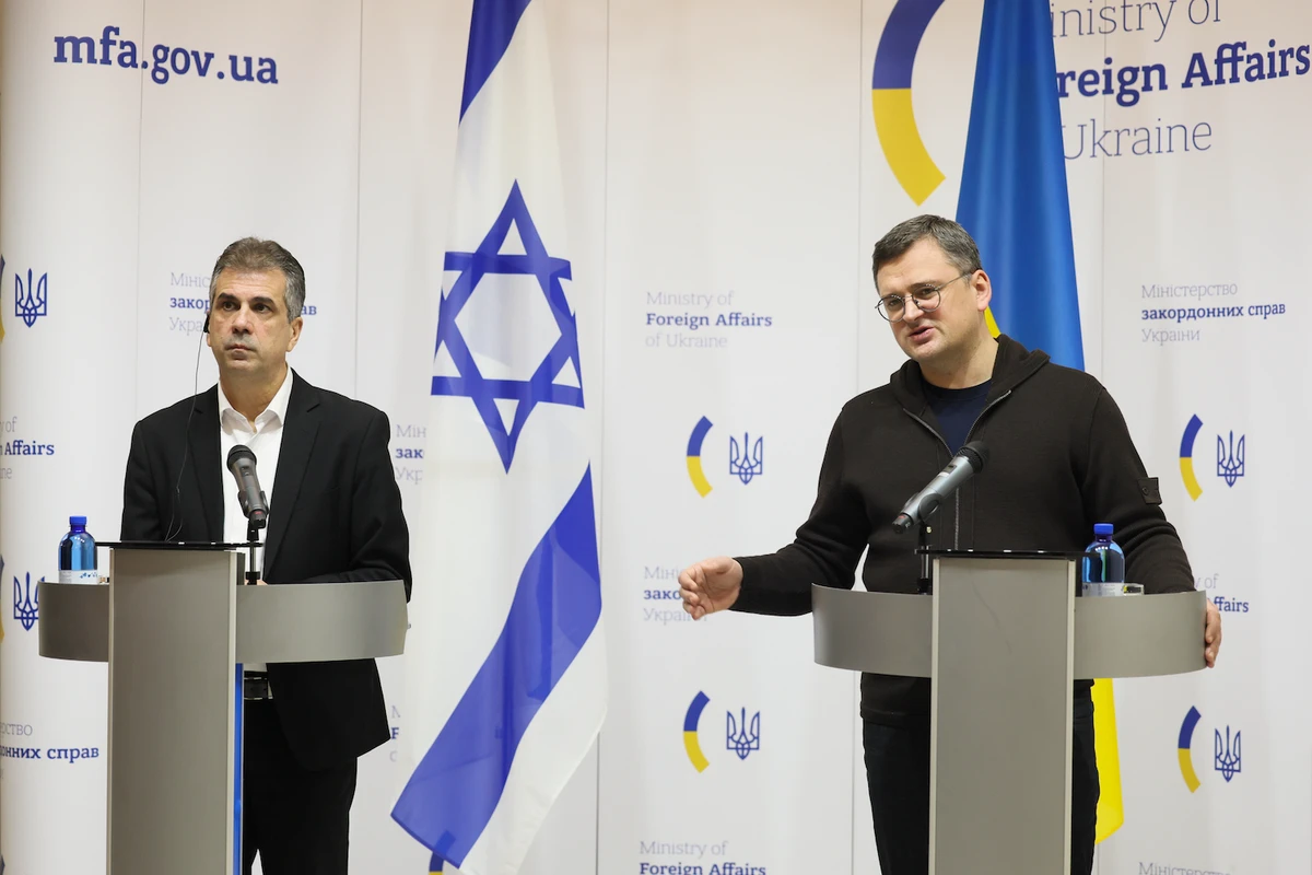 Ukrainian FM Dmytro Kuleba attends a news conference with Israeli FM Eli Cohen in Kyiv, Ukraine, Thursday, Feb. 16, 2023. (AP)