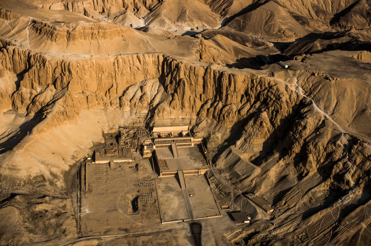 An aerial picture taken from a hot air balloon on September 10, 2017 shows the Temple of Hatshepsut, also known as the Djeser-Djeseru in Luxor. (AFP)