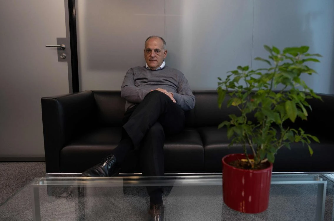 The president of Spanish football Liga Javier Tebas poses for a photograph upon an AFP interview in Madrid on Feb. 14, 2023. (AFP)