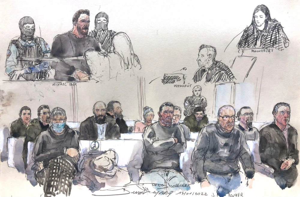 This court-sketch made on January 17, 2023, shows co-defendants, Barjols founder and conspiracy theory enthusiast Denis Collinet (C, down), far-right militant Jean-Pierre Bouyer (3R) and Mickael Iber (top L), who is currently incarcerated, on the first day of the trial of 13 people with links to French far-right group Barjols, accused of plotting to assassinate President Emmanuel Macron and commit a string of other attacks, at the "Tribunal Judiciaire" courthouse in Paris. (AFP)