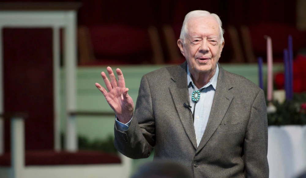 Former President Jimmy Carter teaches during Sunday School class at Maranatha Baptist Church in his hometown, Sunday, Dec. 13, 2015, in Plains, Ga. The Carter Center says Carter has entered home hospice care, Saturday, Feb. 18, 2023. (AP)