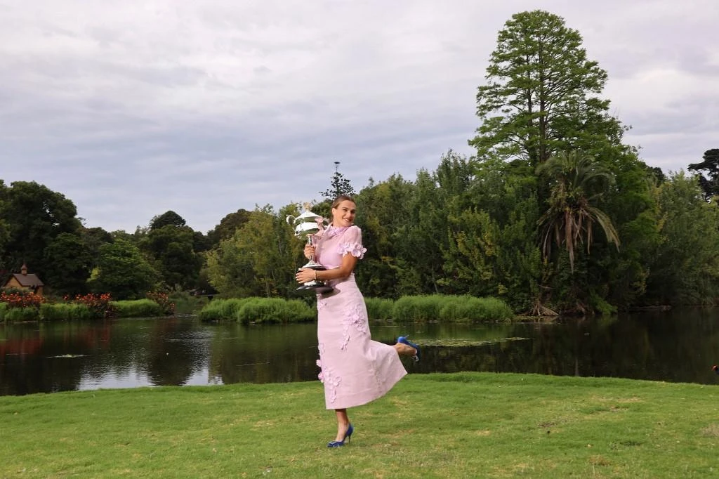 Belarus’ Aryna Sabalenka poses with the 2023 Australian Open winner's trophy in Royal Botanic Garden in Melbourne on January 29, 2023. (AFP)