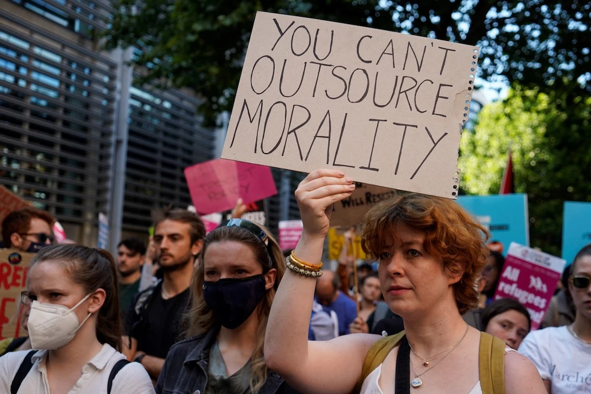 Protesters gather outside the Home Office in London to demonstrate against the UK government's intention to deport asylum-seekers to Rwanda. (File/AFP)